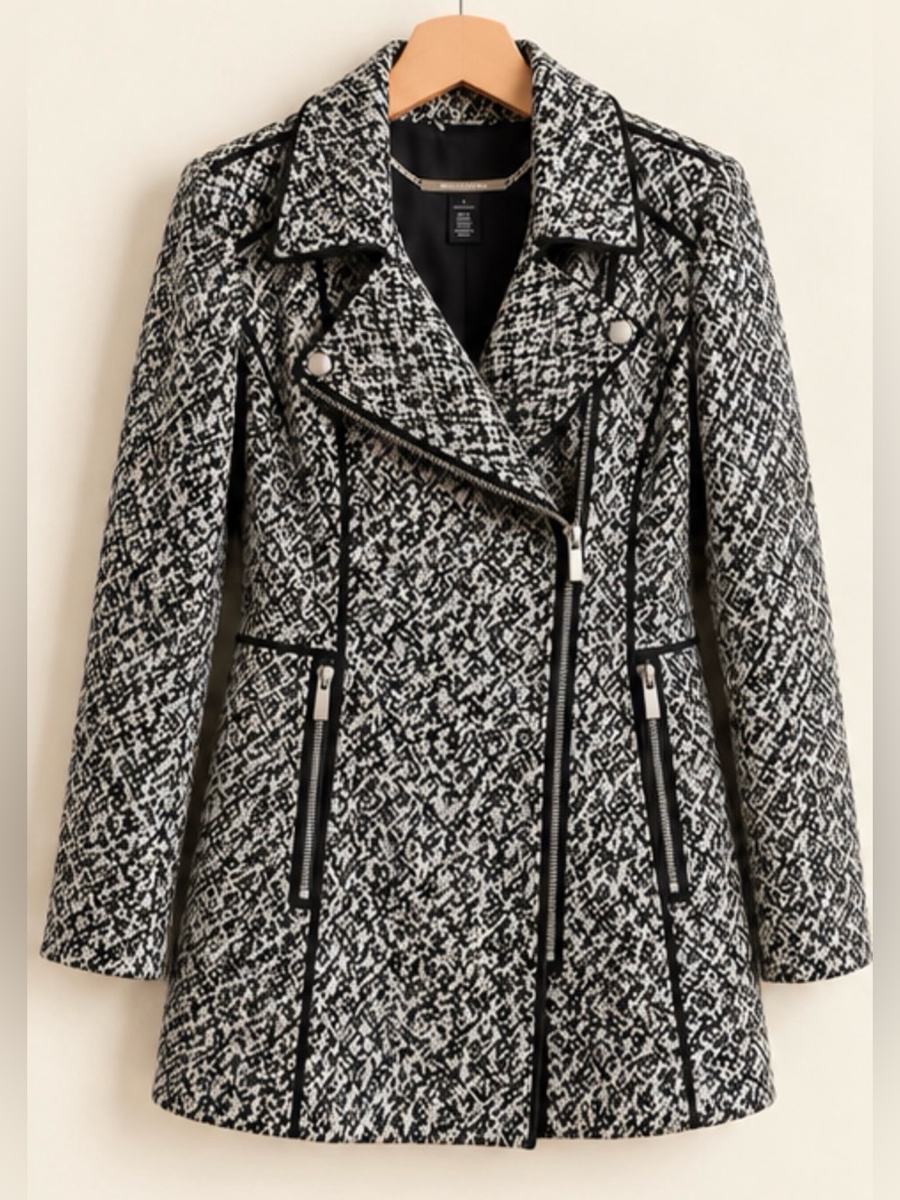 White House Black Market Black White Tweed Zip Coat Jacket S